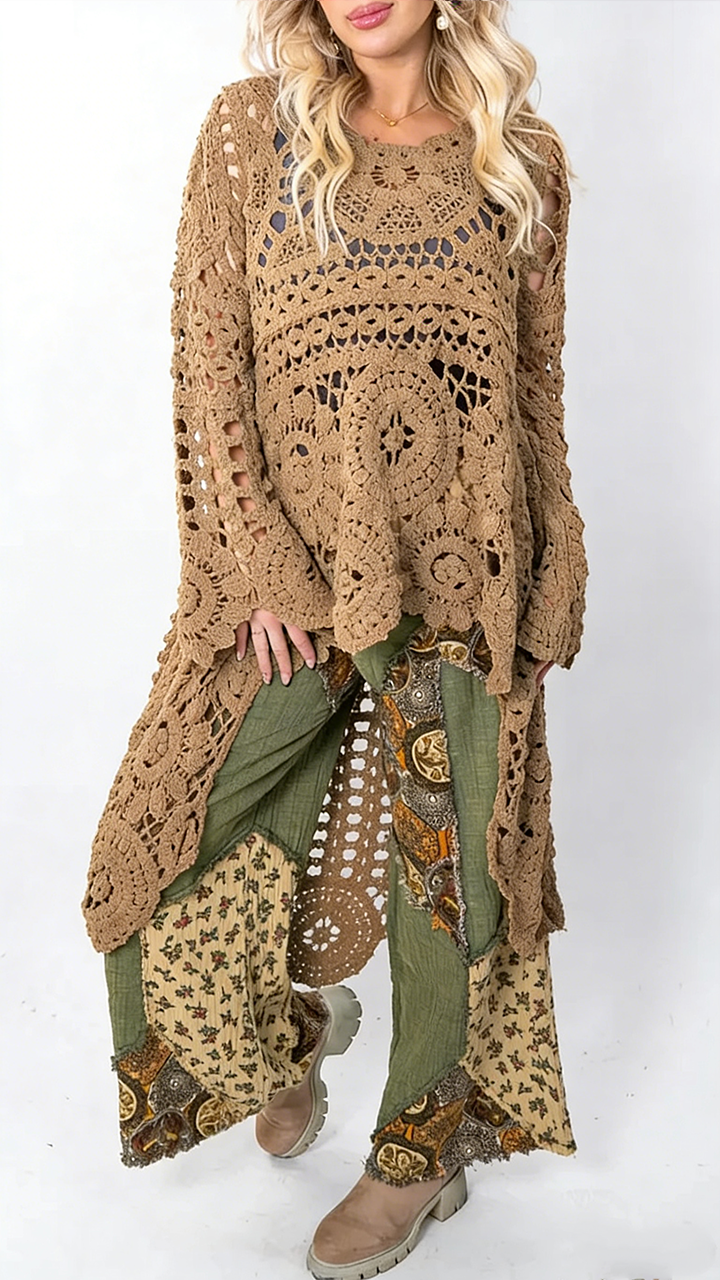 Women Round Neck Hollow Out Casual Long Top(Buy 2 Free Shipping)