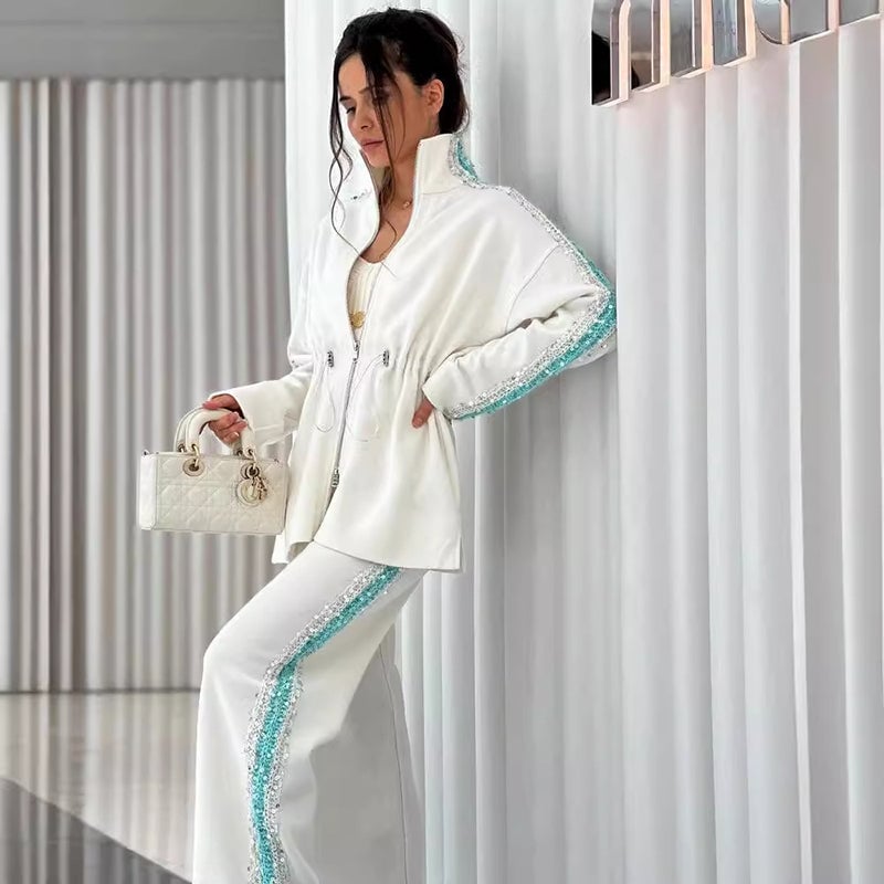 Eaksone - Elegant Sequin-Trimmed Top and Wide-Leg Pants 2-Piece Set