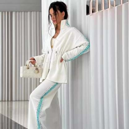 Eaksone - Elegant Sequin-Trimmed Top and Wide-Leg Pants 2-Piece Set