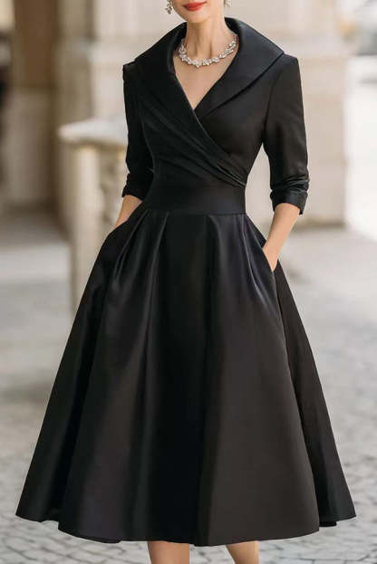 Solid Color Elegant Long Sleeve Waist Pocket Midi Dress(Buy 2 Free Shipping)