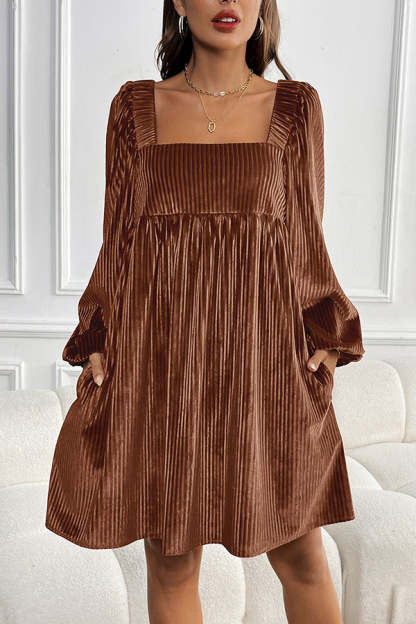 Solid Color Velvet Square Neck Long Sleeve Pocket Casual Mini Dress(Buy 2 Free Shipping)