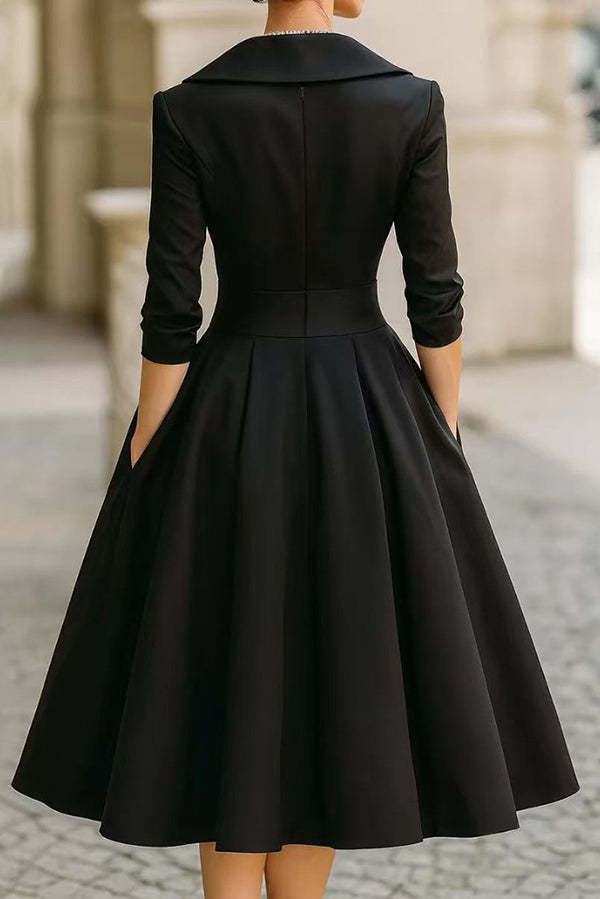 Solid Color Elegant Long Sleeve Waist Pocket Midi Dress(Buy 2 Free Shipping)