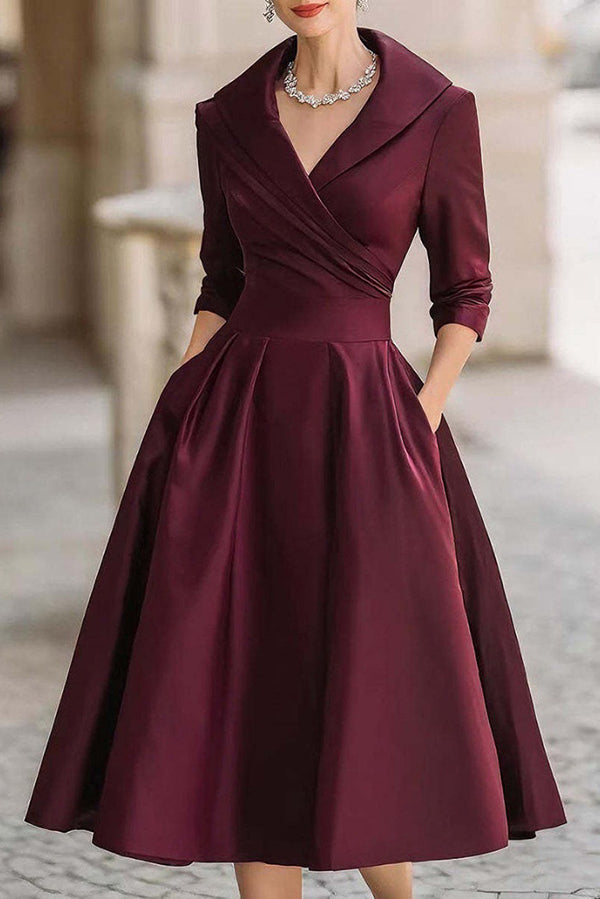 Solid Color Elegant Long Sleeve Waist Pocket Midi Dress(Buy 2 Free Shipping)