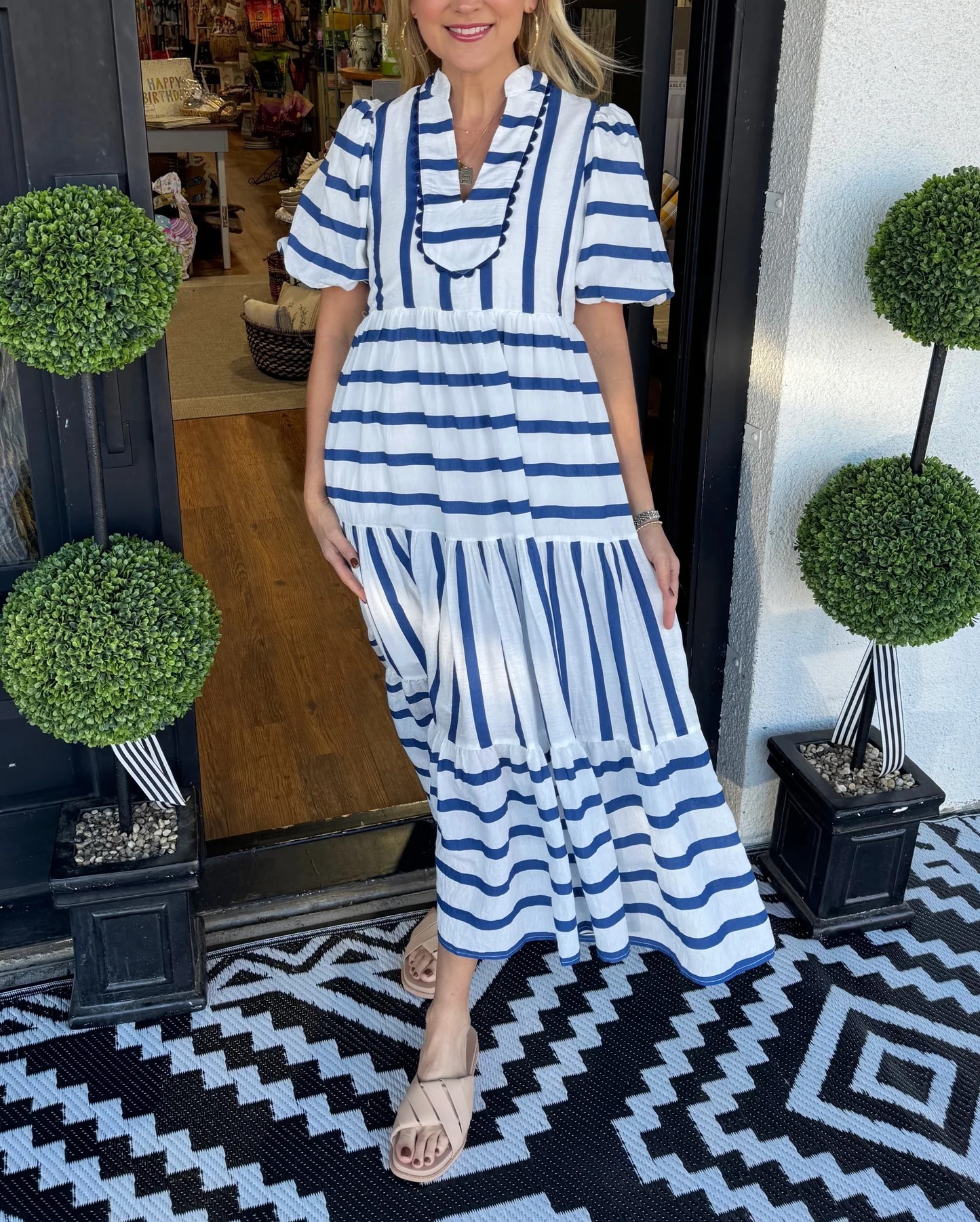 Women's Short Bubble Sleeve Striped Dress With Pockets (Buy 2 Free Shi