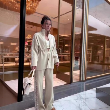 Eaksone - Elegant Sequin-Trimmed Top and Wide-Leg Pants 2-Piece Set