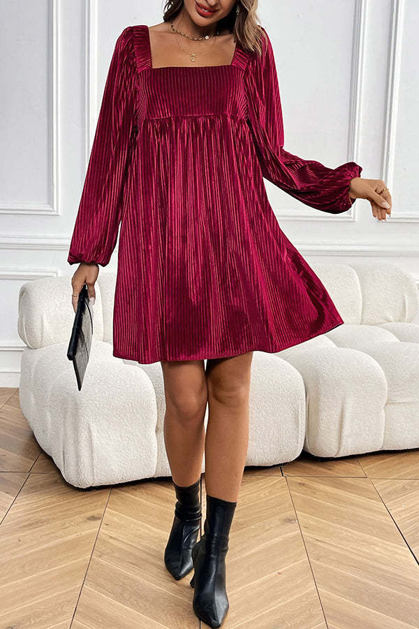 Solid Color Velvet Square Neck Long Sleeve Pocket Casual Mini Dress(Buy 2 Free Shipping)