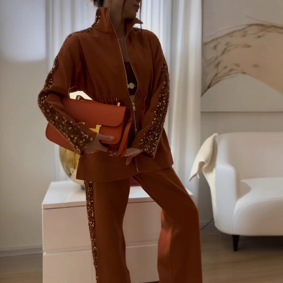 Eaksone - Elegant Sequin-Trimmed Top and Wide-Leg Pants 2-Piece Set