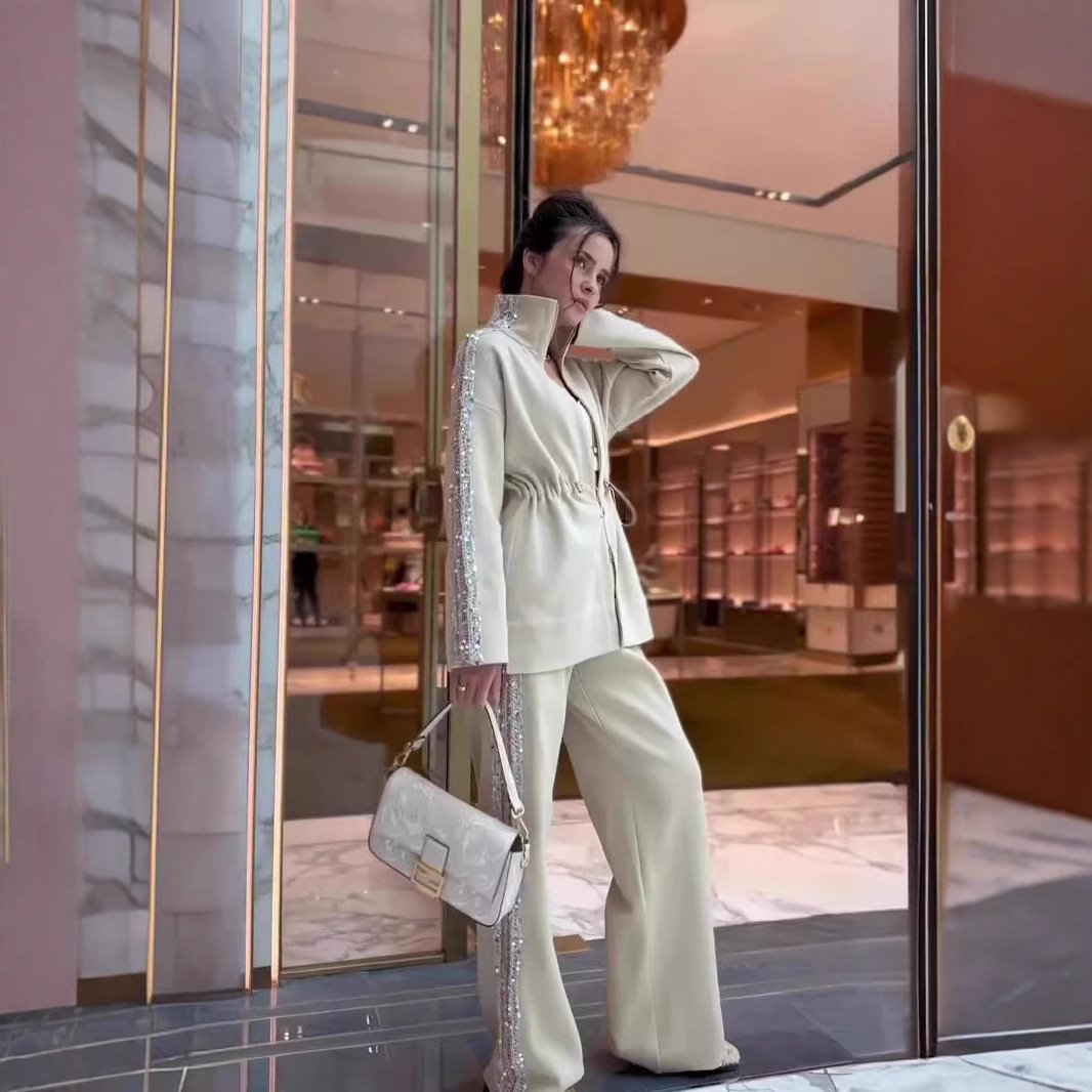 Eaksone - Elegant Sequin-Trimmed Top and Wide-Leg Pants 2-Piece Set