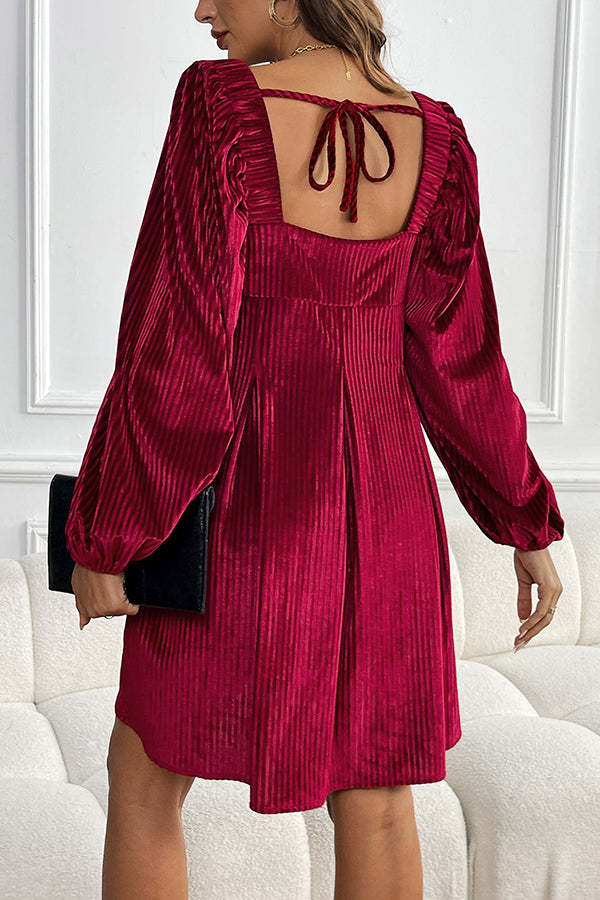 Solid Color Velvet Square Neck Long Sleeve Pocket Casual Mini Dress(Buy 2 Free Shipping)