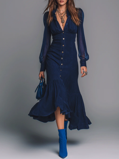 Navy Blue Faux Suede Chiffon Patchwork Lapel Button-down Irregular Midi Dress
