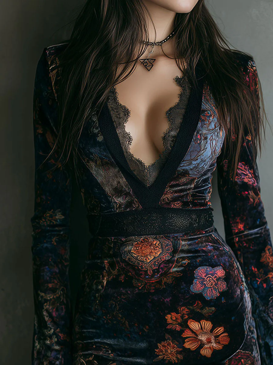 Floral Print V-neck Velvet Lace Trim Slim-fit Mini Dress（Buy 2 Free Shipping)