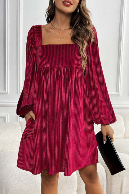 Solid Color Velvet Square Neck Long Sleeve Pocket Casual Mini Dress(Buy 2 Free Shipping)
