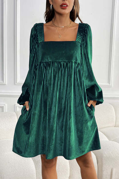 Solid Color Velvet Square Neck Long Sleeve Pocket Casual Mini Dress(Buy 2 Free Shipping)