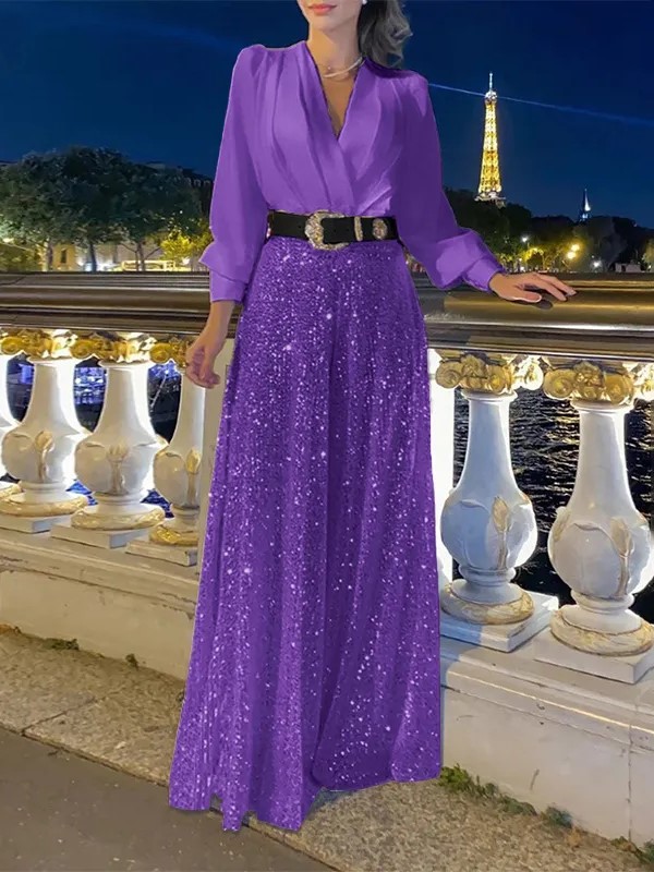 Stylish V-Neck Long Sleeve Shirt & Sequin Wide Leg Pants Set (Buy 2 Free Shipping)