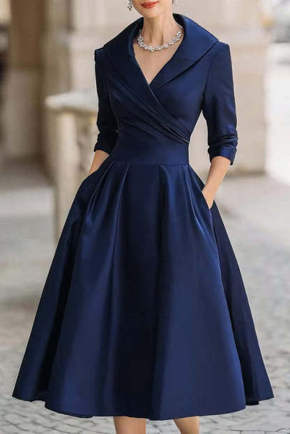 Solid Color Elegant Long Sleeve Waist Pocket Midi Dress(Buy 2 Free Shipping)