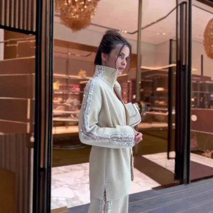 Eaksone - Elegant Sequin-Trimmed Top and Wide-Leg Pants 2-Piece Set