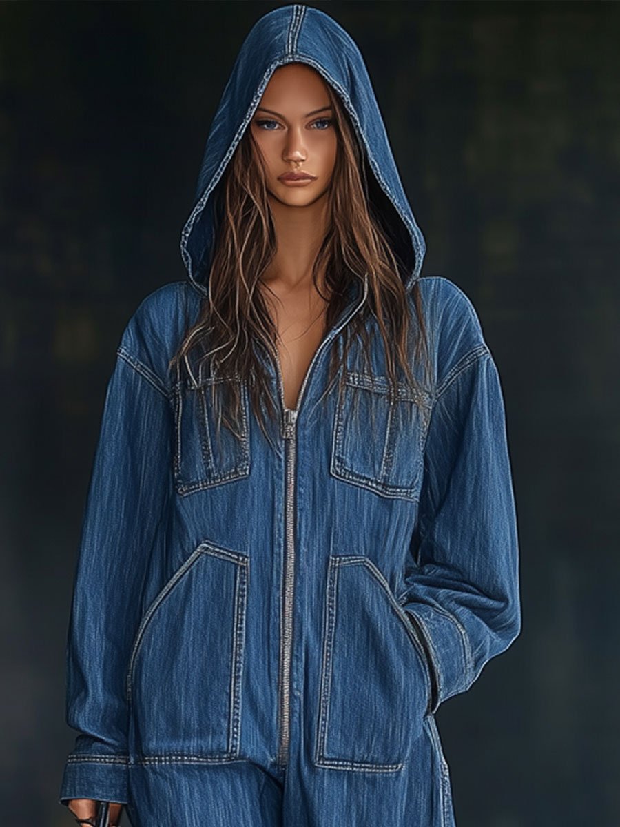 Casual Loose Retro Pocket Long Sleeve Hooded Zipper Denim Jumpsuit