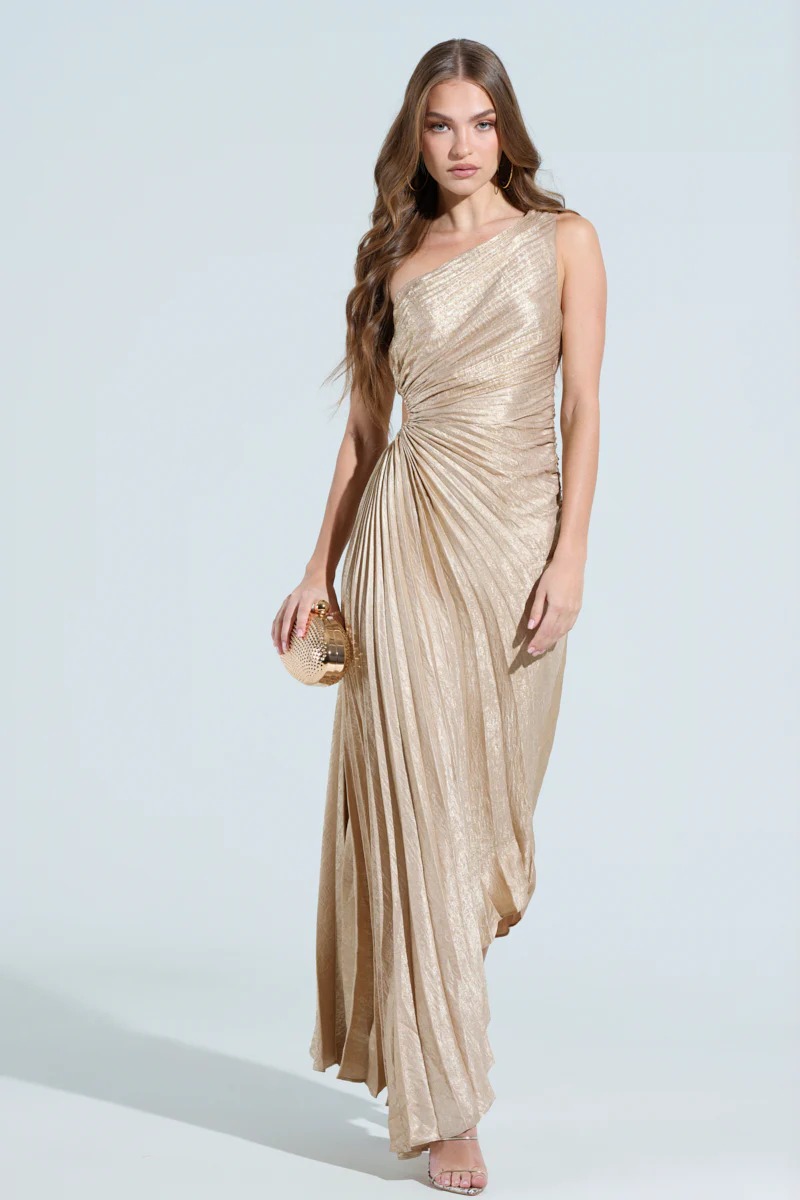Evening Aura One Shoulder Maxi Dress Champagne（Buy 2 Free Shipping)
