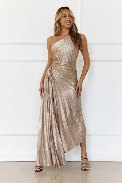 Evening Aura One Shoulder Maxi Dress Champagne（Buy 2 Free Shipping)