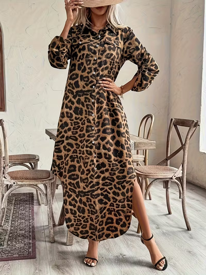 Women's Leopard Print Collared Pocket Shirt Dress (Buy 2 Free Shipping)