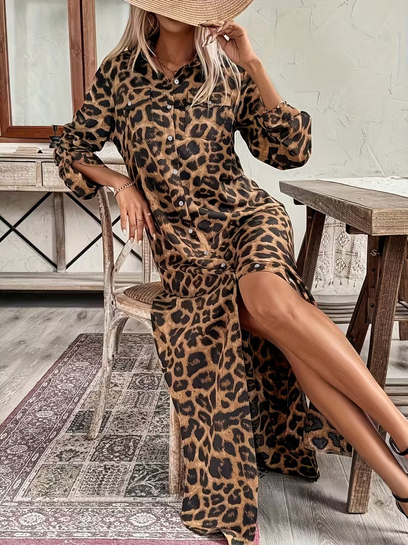Women's Leopard Print Collared Pocket Shirt Dress (Buy 2 Free Shipping)