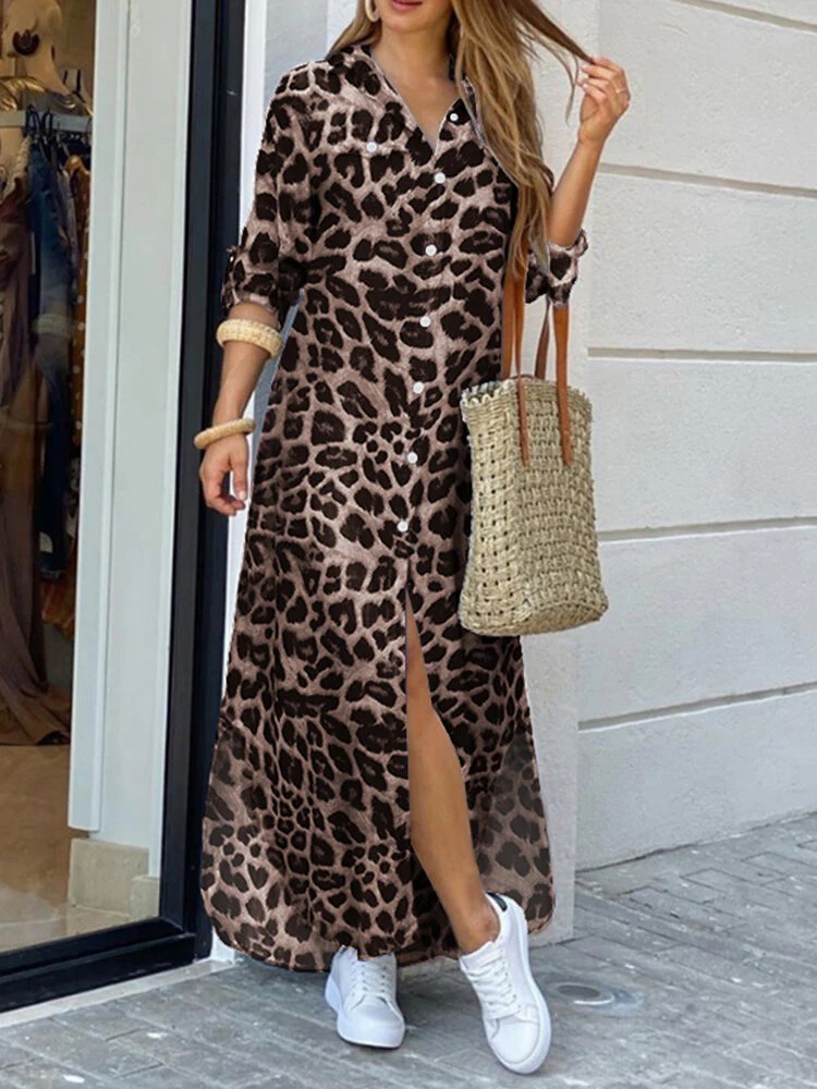 Women's Leopard Print Collared Pocket Shirt Dress (Buy 2 Free Shipping