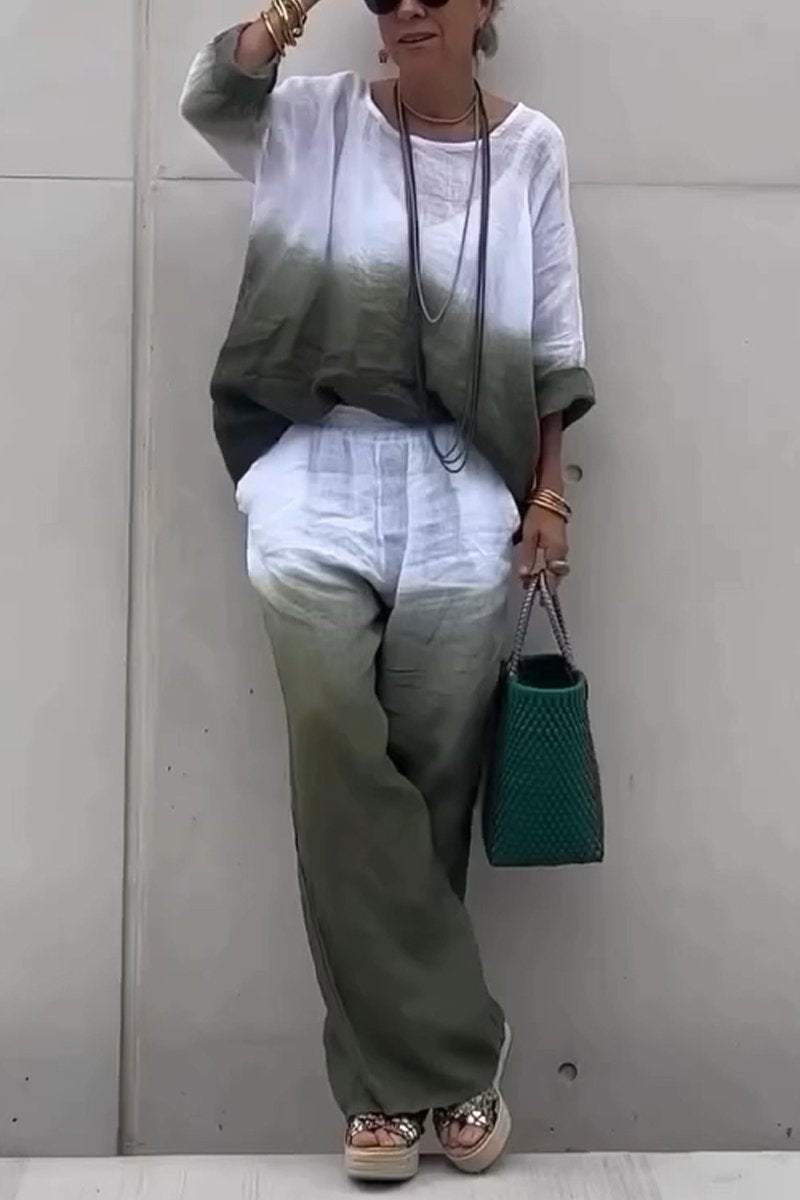 Women's Casual Round-neck Gradient Cotton and Linen Two-piece Suit（Buy 2 Free Shipping)