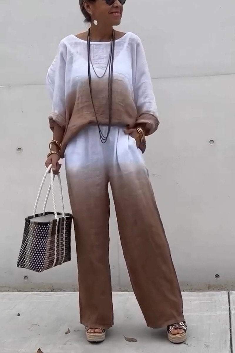 Women's Casual Round-neck Gradient Cotton and Linen Two-piece Suit（Buy 2 Free Shipping)