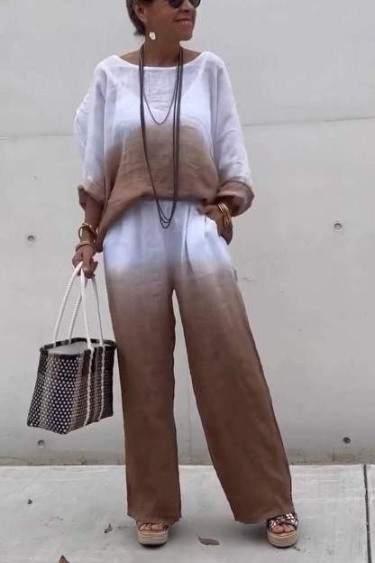 Women's Casual Round-neck Gradient Cotton and Linen Two-piece Suit（Buy 2 Free Shipping)