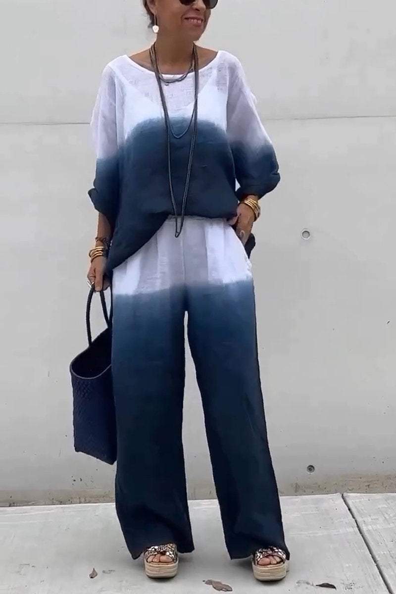 Women's Casual Round-neck Gradient Cotton and Linen Two-piece Suit（Buy 2 Free Shipping)