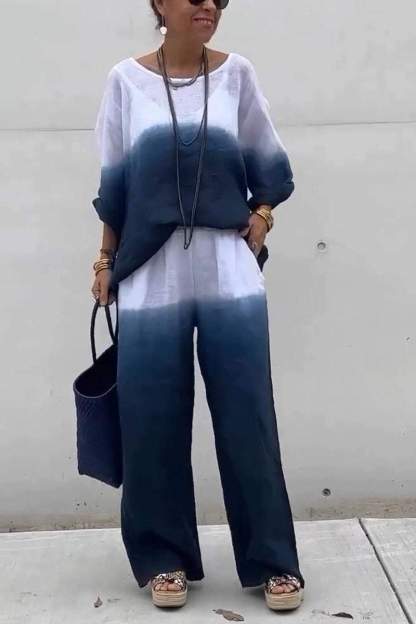 Women's Casual Round-neck Gradient Cotton and Linen Two-piece Suit（Buy 2 Free Shipping)