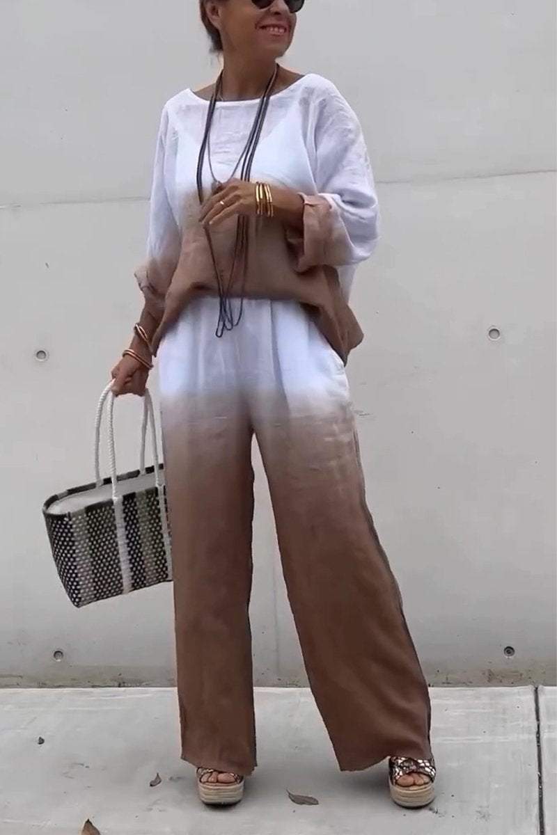 Women's Casual Round-neck Gradient Cotton and Linen Two-piece Suit（Buy 2 Free Shipping)