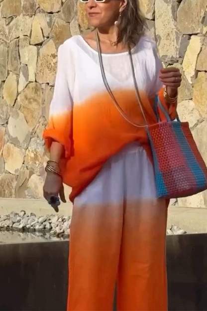 Women's Casual Round-neck Gradient Cotton and Linen Two-piece Suit（Buy 2 Free Shipping)