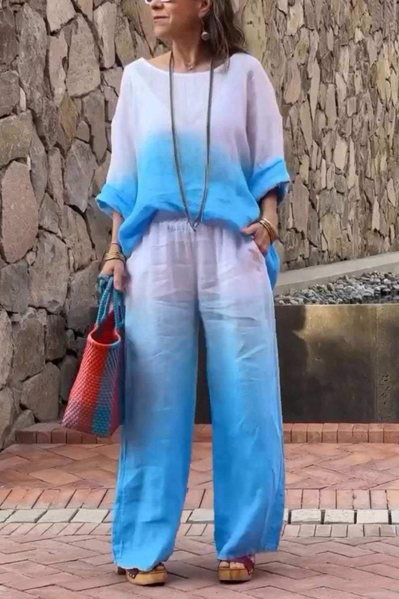 Women's Casual Round-neck Gradient Cotton and Linen Two-piece Suit（Buy 2 Free Shipping)