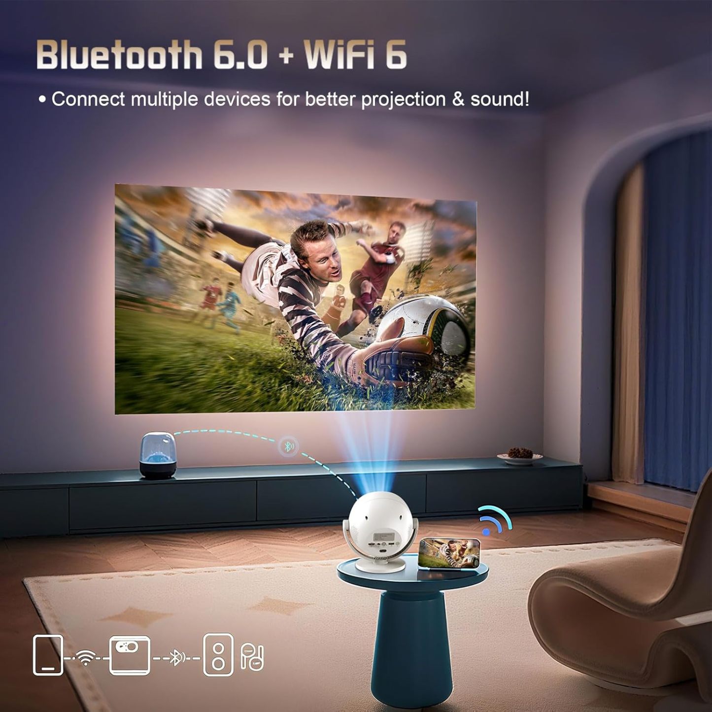 [Electric Focus] XBJ 360 Portable Projector, Support 4K 1080P 300 ANSI Mini Projector with Wifi and Bluetooth, Auto Keystone Movie Projector, Proyector Portátil, Perfect for Movie Nights, White