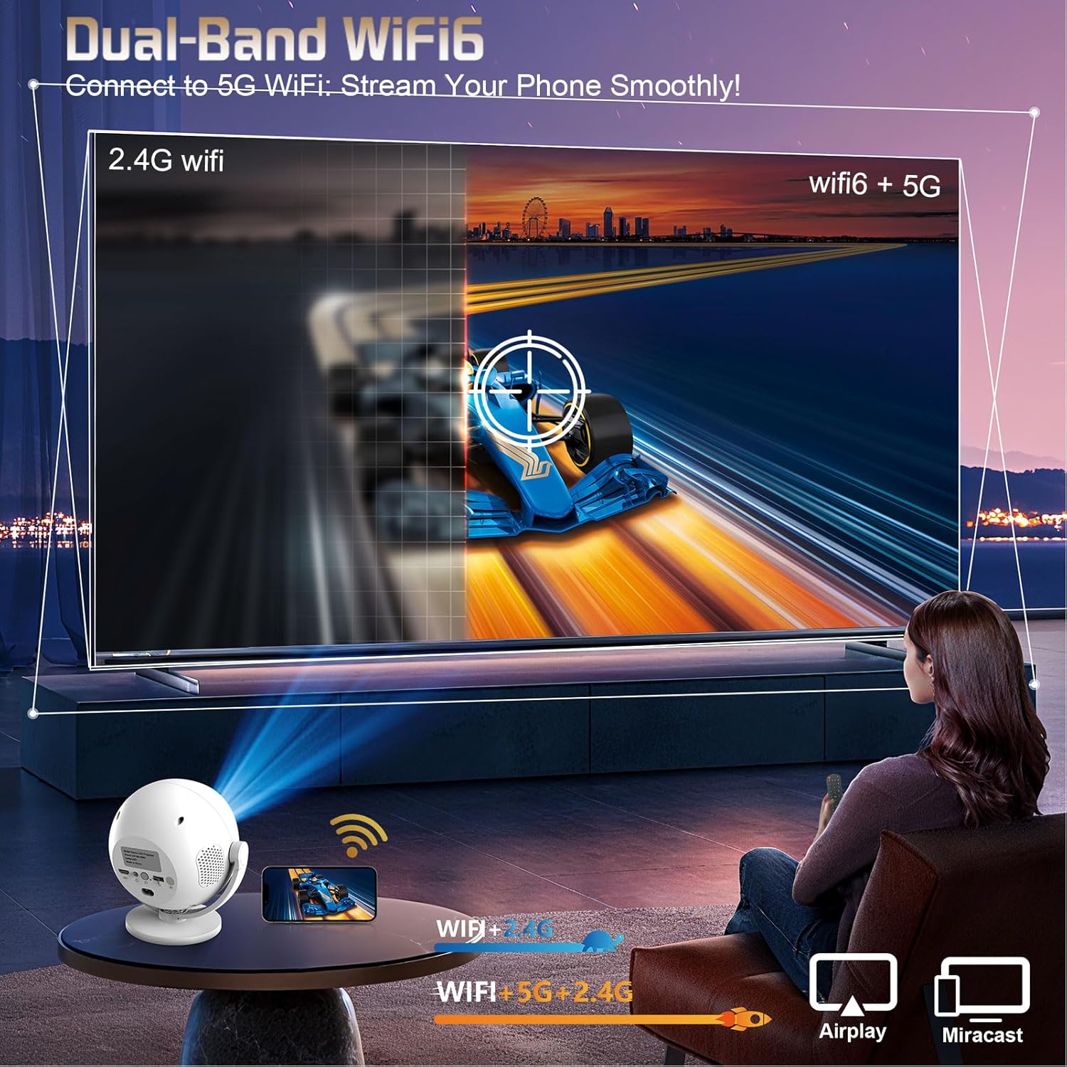 [Electric Focus] XBJ 360 Portable Projector, Support 4K 1080P 300 ANSI Mini Projector with Wifi and Bluetooth, Auto Keystone Movie Projector, Proyector Portátil, Perfect for Movie Nights, White