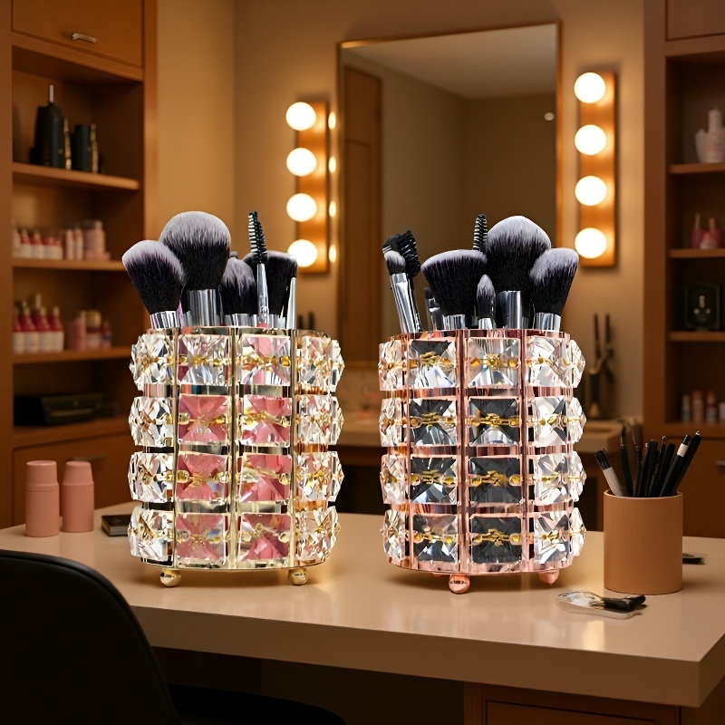 Elegant crystal makeup brush holder on vanity table
