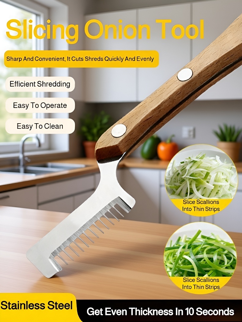 Precision onion slicing kitchen knife on cutting board