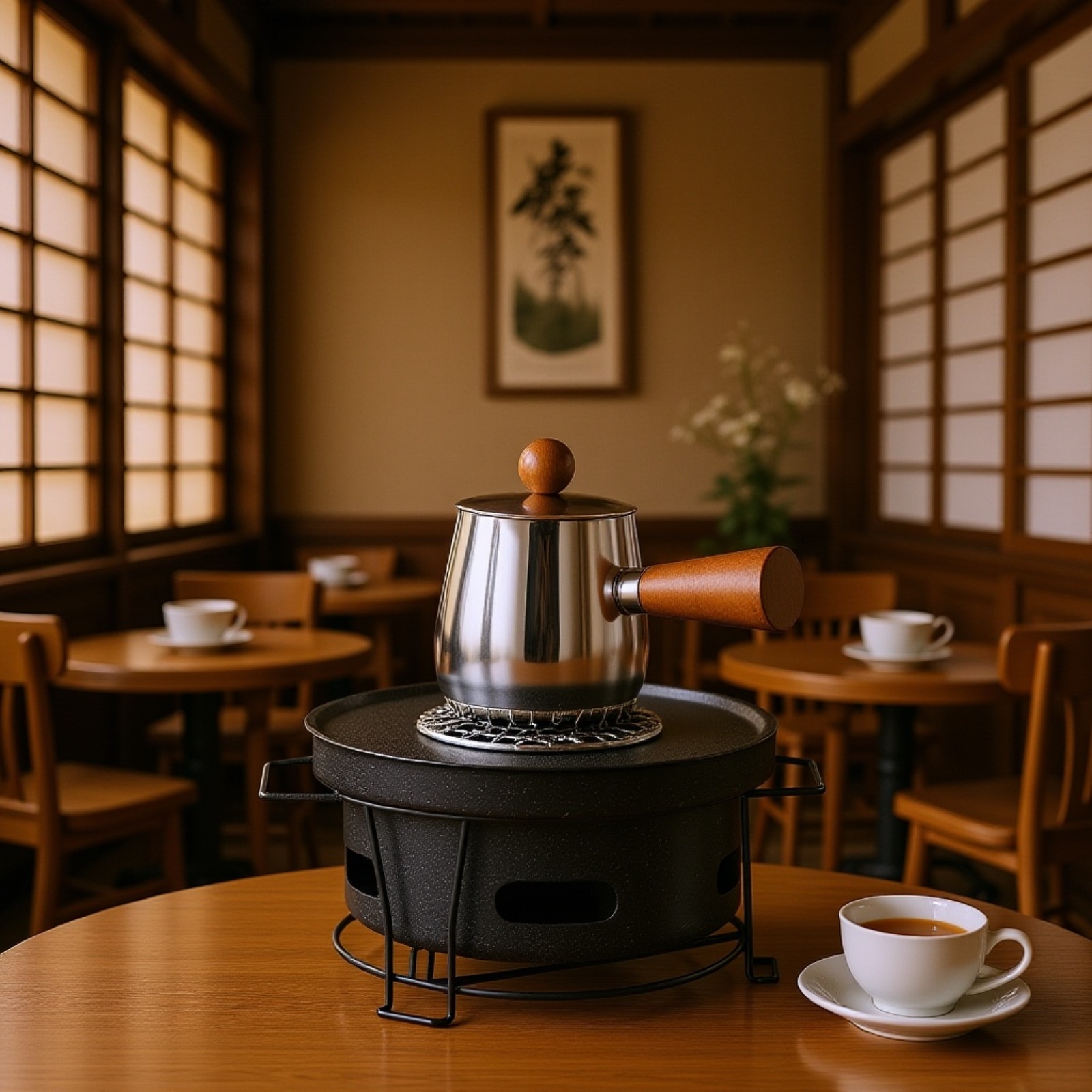 Outdoor Fireplace and Tea-Making Grill Set on patio