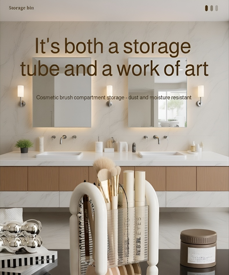 Minimalist makeup brush storage tube on dressing table