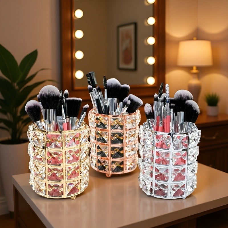 Crystal Pen Holder Round Desktop Organizer for Makeup Brushes