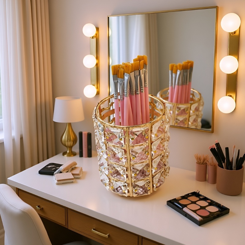 Crystal Pen Holder Round Desktop Organizer for Makeup Brushes