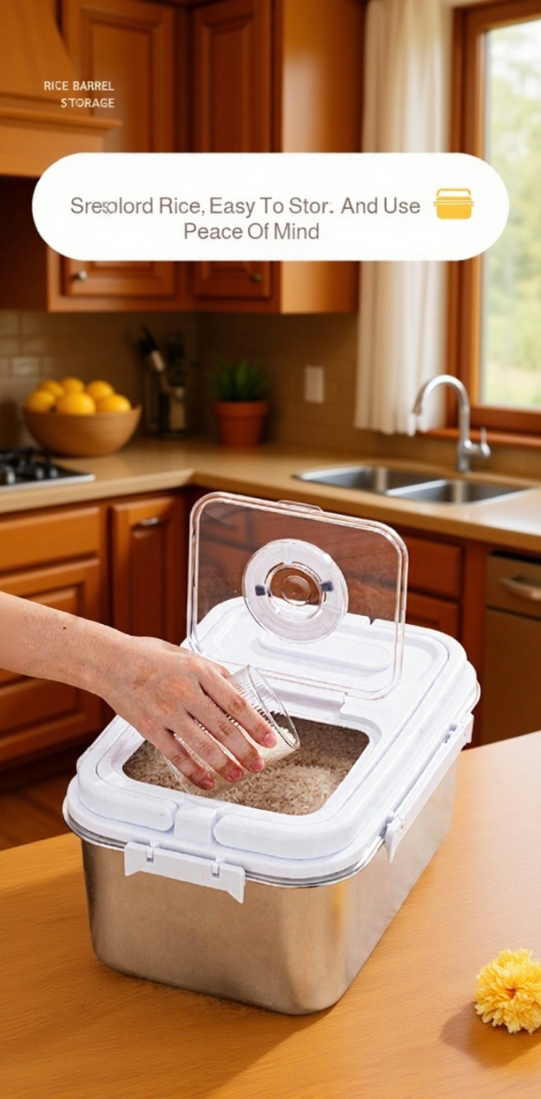 Compact rice container for pantry organization