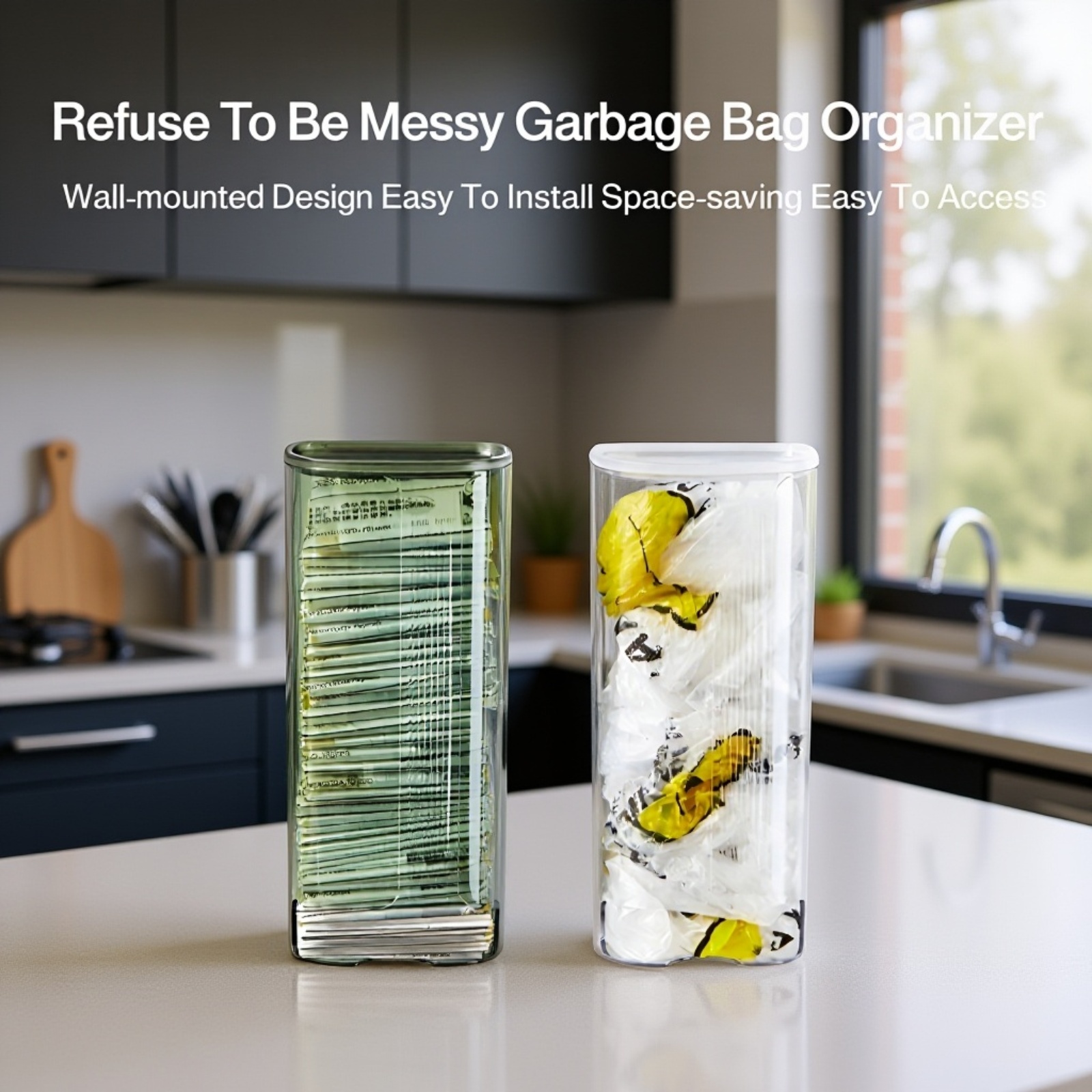 Luxury wall-mounted trash bag storage box in modern kitchen