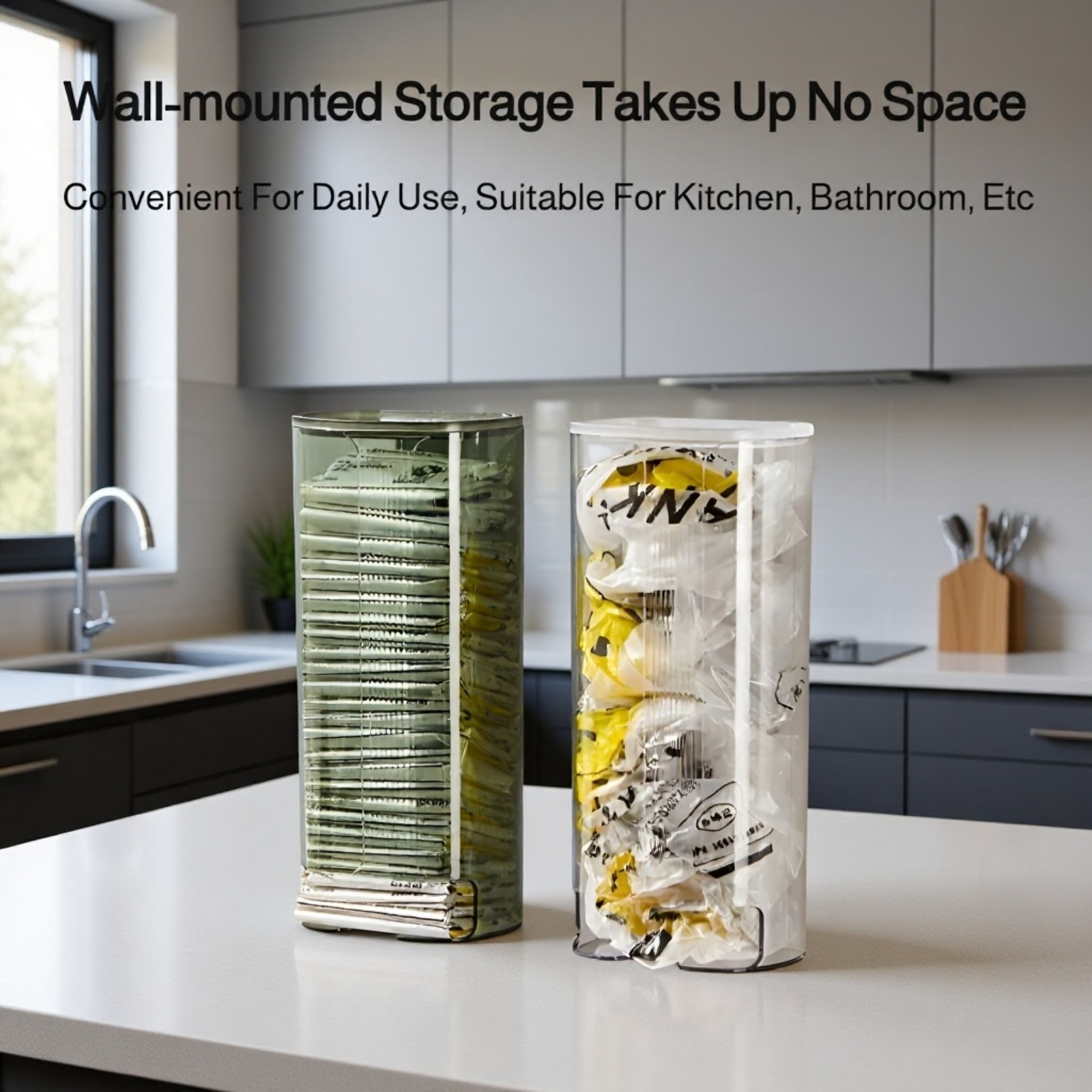 Sleek wall-mounted trash bag container in contemporary setting