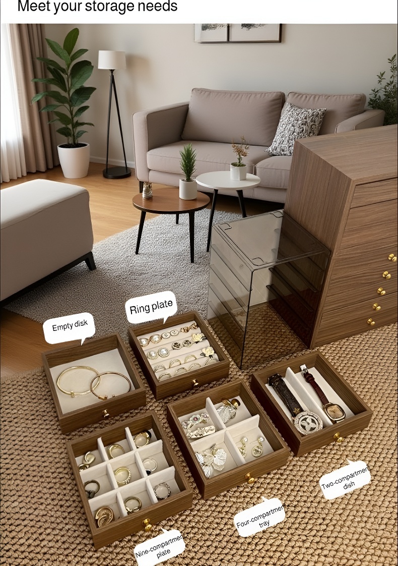 Close-up of walnut jewelry organizer with rings and necklaces neatly arranged