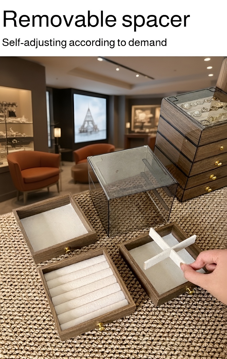 Walnut jewelry storage box displayed on dressing table