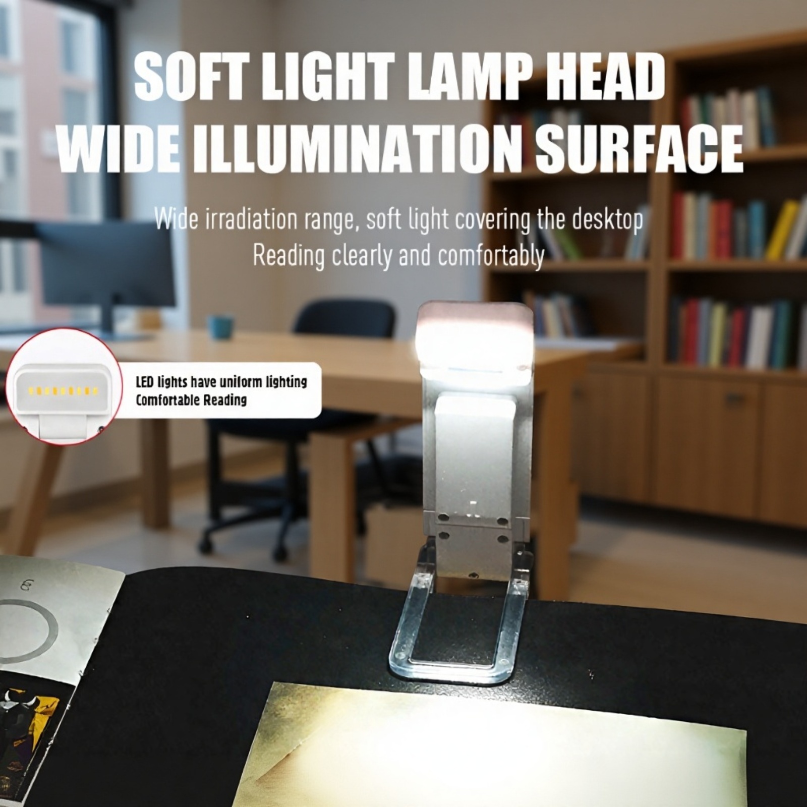 Clip-on LED reading lamp attached to book