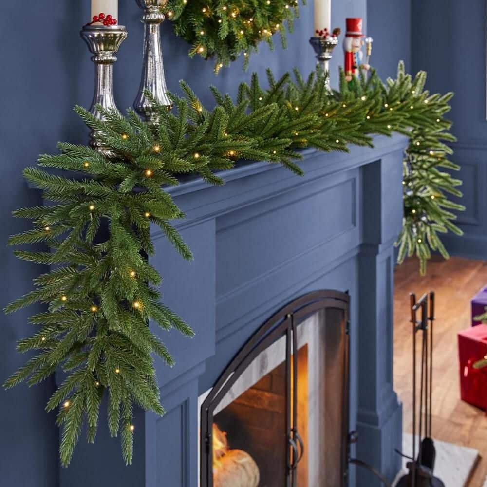 9 ft. Hillcrest Battery Operated Noble Fir LED Pre-Lit Artificial Garland with Timer