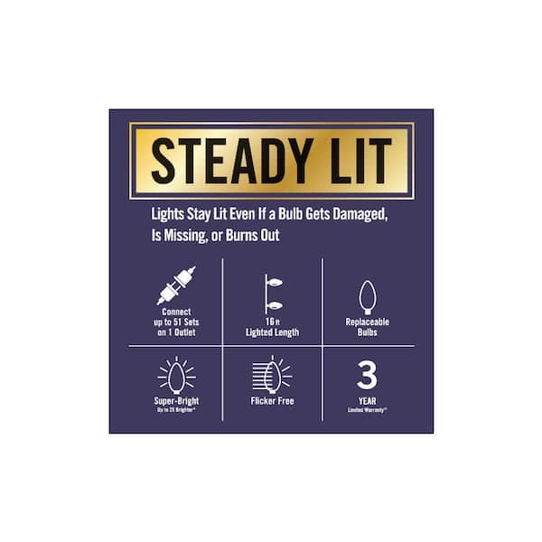 Dimensions Lead length (in.)  6  Lighted length (ft.)  33.25  Details Battery Size  None, Plug-In Only  Bulb Shape  Micro Fairy  Bulb Spacing (in.)  1  Bulb Texture  Smooth  Features  Continuous on technology, Dual Function, Low-voltage, Super Bright  Hol